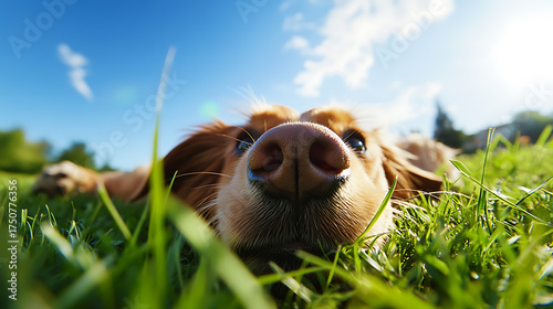 Fototapeta Naklejka Na Ścianę i Meble -  Low-angle shot captures the close-up of a dog's nose amidst lush green grass, with a clear blue sky dotted with fluffy clouds in the background.