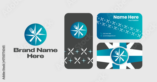 Modern Culinary Branding Identity Mockup with Fork and Knife Logo, Business Card Designs, and Teal Gradient Accents for Restaurant or Food Service