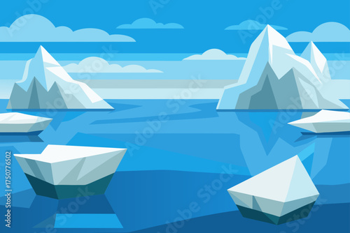 Arctic icebergs floating calmly in blue ocean water illustration