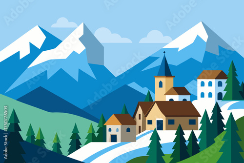 Vector illustration of alpine village snow mountains scenery