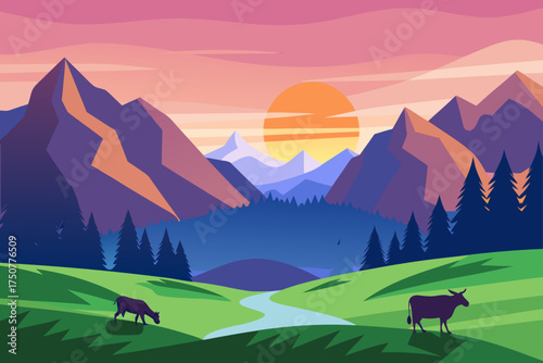 Alpine meadow cows grazing dawn mountains sunset vector illustration