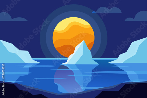 Arctic icebergs under midnight sun vector illustration