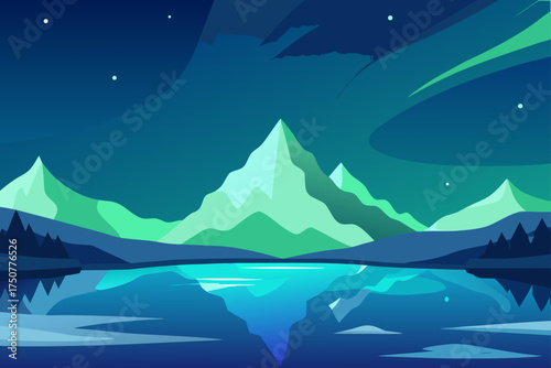 Vector aurora over snowy mountains and reflecting lake illustration