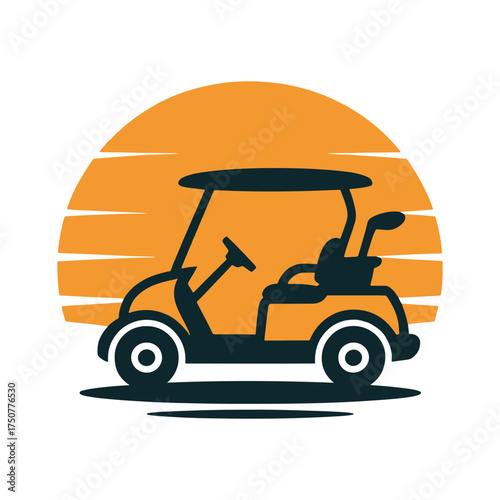 Dark blue golf cart with clubs in front of orange sun graphic vehicle transportation