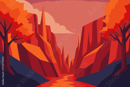 Vibrant autumn canyon scenic landscape vector illustration