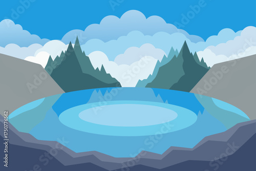 Misty crater lake surrounded by mountains and trees