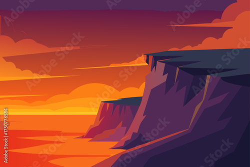 Fiery coastal cliff sunset vector illustration scalable
