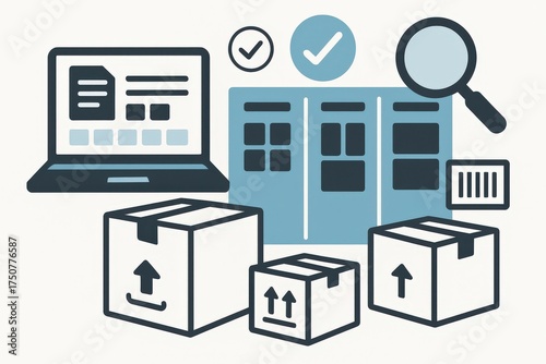 Innovative digital workspace showcasing e-commerce logistics with diverse packaging solutions, simplified inventory management tools and seamless browsing interface reflecting modern efficiency