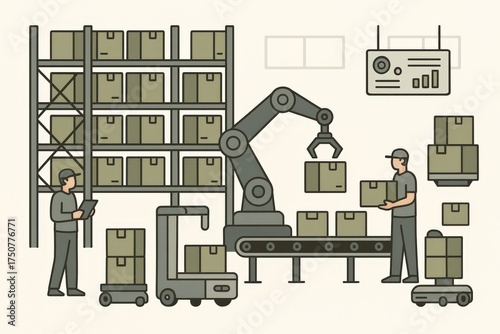 Innovative Automation in a Modern Warehouse Setting Showcasing Robotics and Human Workforce Collaboration Driving Efficiency and Productivity in Supply Chain Management
