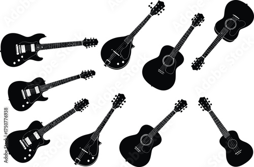 Silhouette set of electric, acoustic, and classical guitars with mandolins in black vector style for music and instrument design