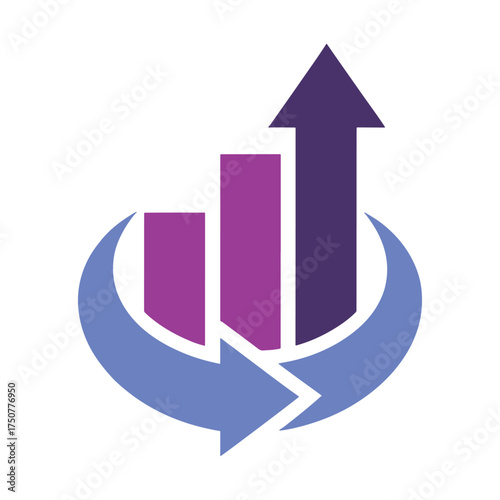 Purple and blue bar graph with upward arrow and circular arrow chart growth
