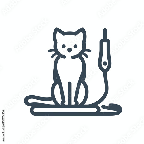 A simple line art icon of a domestic cat sitting patiently next to a pet leash.