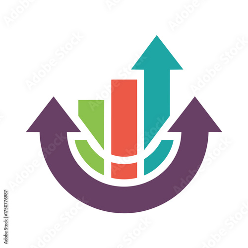 Purple arrows curve around rising green red teal bar graph chart