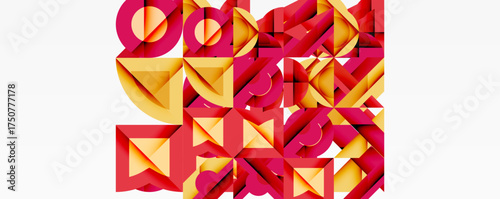 Abstract geometric shapes, red and gold hues, complex pattern. Minimalist design, modern aesthetic, intriguing composition.