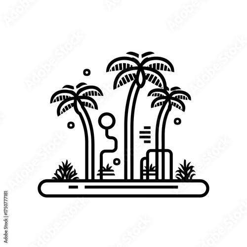 A minimalist black and white line art illustration of a tropical island oasis with several palm trees.