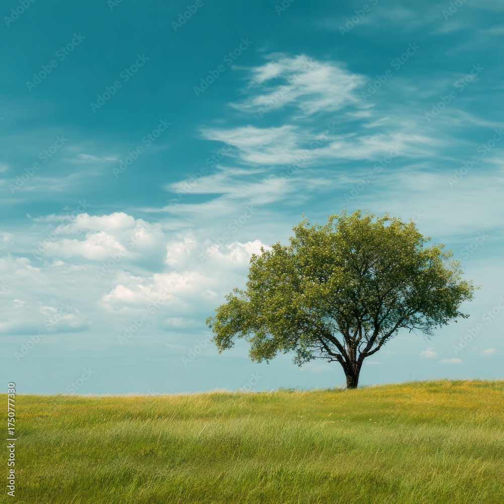 Obraz premium Lone Green Tree Standing on Grassy Hill Under Bright Blue Sky with White Clouds