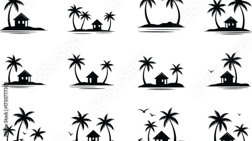 Silhouette vector collection of tropical beach houses with palm trees, seaside huts, vacation cottages and island holiday landscape illustration on white background