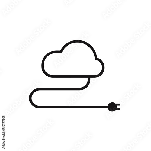 Black line drawing of cloud with plug. Suitable for tech design, digital concepts, internet connectivity visuals, and innovative illustrations.