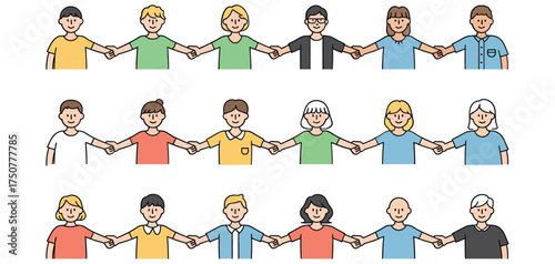 Three rows of diverse people holding hands group unity