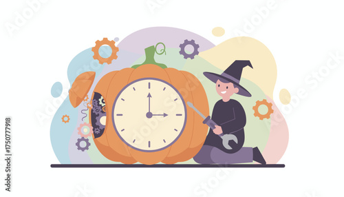 Young wizard repairing a pumpkin clock gears visible Halloween magic time and service concept