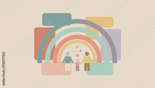Happy family illustration with rainbow hearts and stars representing love inclusivity and childhood