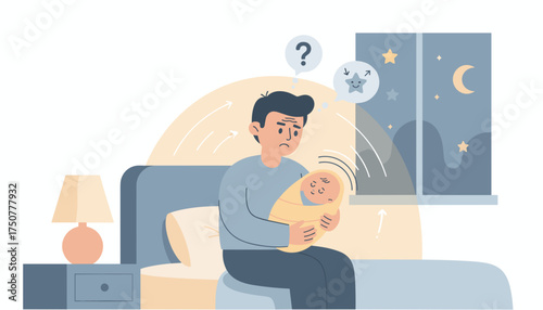 Stressed father cradles crying baby at night experiencing sleep deprivation and parenting woes