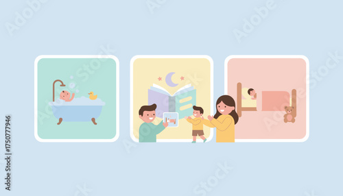 Family bedtime routine scenes baby bath story time and peaceful sleep Childhood care