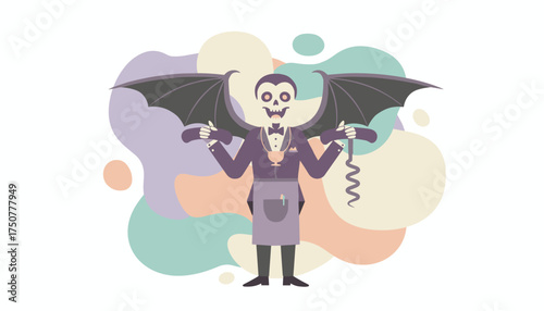 Spooky sommelier character with bat wings and corkscrews for Halloween drinks service
