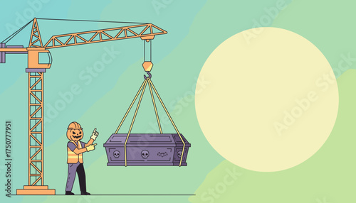 Pumpkin worker uses crane to move a spooky coffin Halloween construction concept with copy space