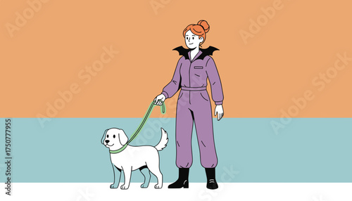 Happy woman in a batthemed jumpsuit walking her white dog on a leash Lifestyle pets