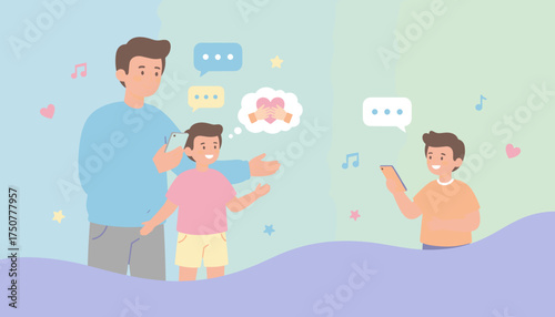 Father and sons connect digitally via smartphones fostering communication love and modern family lifestyle