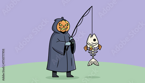 Pumpkin reaper in a cloak fishing with a skeleton fish on the line Spooky Halloween concept