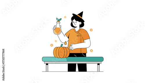 Smiling witch creating a natural pumpkin potion for beauty health or Halloween