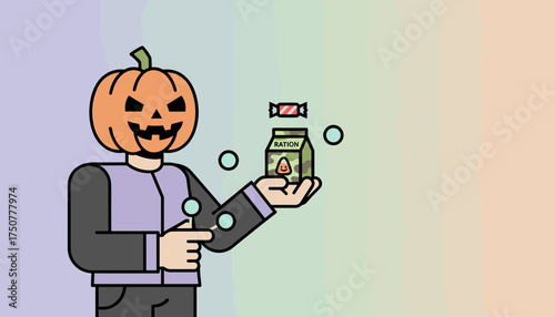 Pumpkinheaded character offering a ration carton and candy Halloween fun and treats