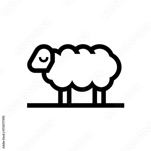 Simple black outline icon of a fluffy sheep standing on a line with closed eyes, depicting a peaceful farm animal.