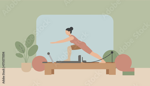 Woman practicing Pilates on a reformer emphasizing strength and wellness