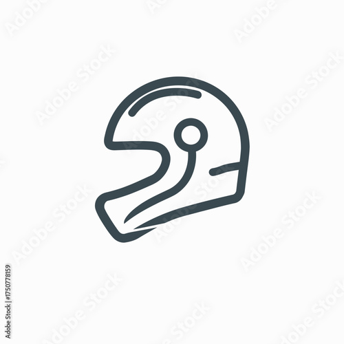 Minimalist line art icon of a motorcycle helmet, dark grey on a white background, representing safety and speed in sports.