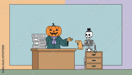 Pumpkin boss and skeleton employee working in a Halloweenthemed office Seasonal business