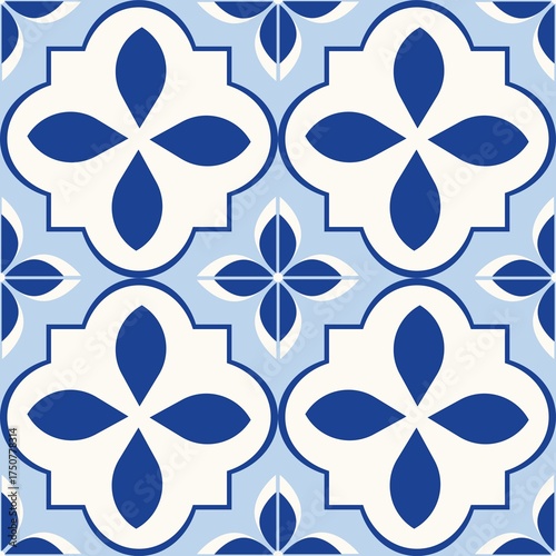 Blue white seamless background with flowers.
Abstract, repeating regular pattern for print.
Graphic design with regular shapes.
