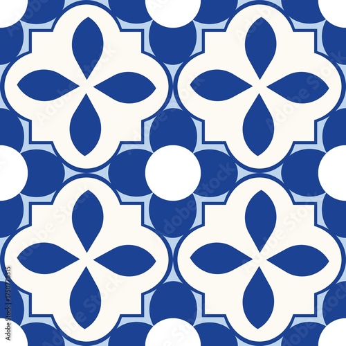 Blue white seamless background with flowers.
Abstract, repeating regular pattern for print.
Graphic design with regular shapes.