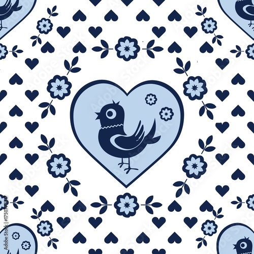 Cartoon seamless background in blue and white for kids. Seamless texture tile with vintage motives.
Cheerful regular pattern for children with birds. Blue and white design for printing.