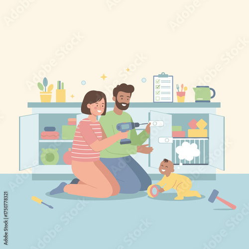 Happy family assembling furniture at home focusing on teamwork and child safety