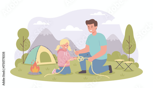 Happy father teaches daughter knot tying during a family camping adventure in nature