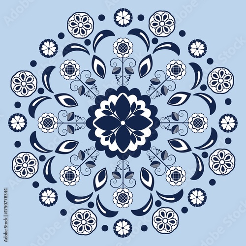 Cartoon seamless background in blue and white for kids. Seamless texture tile with vintage motives.
Cheerful regular pattern for children with birds. Blue and white design for printing.