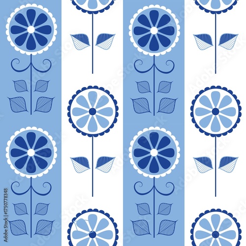 Blue white seamless background with flowers.
Abstract, repeating regular pattern for print.
Graphic design with regular shapes.