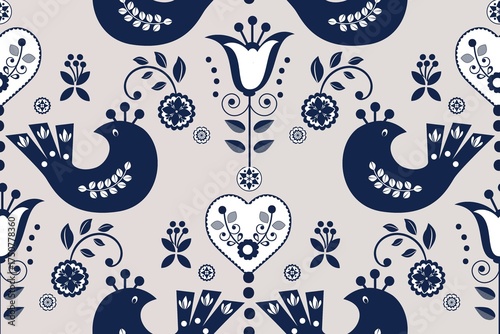 Cartoon seamless background in blue and white for kids. Seamless texture tile with vintage motives.
Cheerful regular pattern for children with birds. Blue and white design for printing.