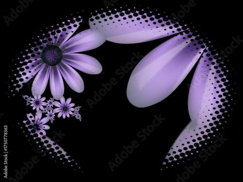 Fractal image in an oval frame with flowers on a dark background..Template with place for inserting your text.Multicolor flowers.