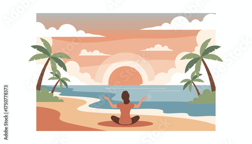 Woman meditating peacefully on a tranquil tropical beach at sunrise promoting wellness and serenity