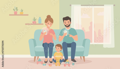 Parents engrossed in smartphones on couch child plays with toys Modern family screen time