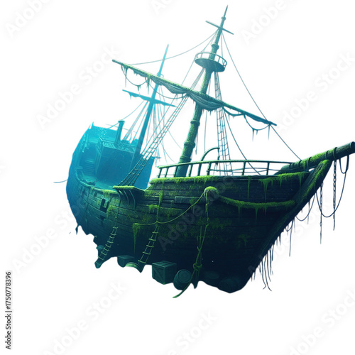 Sunken ship covered in algae isolated on transparent background, a mysterious underwater scene